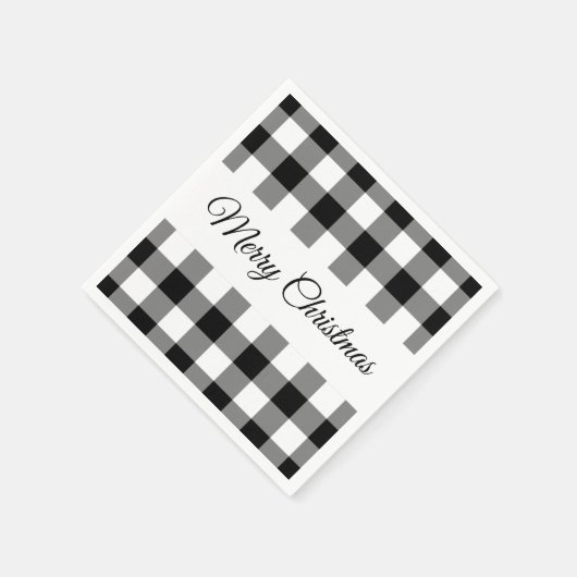 Rustikales Schwarz und Weiß Plaid frohe Weihnachte Serviette (Ecke)