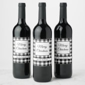 Rustikales Schwarz und Weiß Plaid frohe Weihnachte Weinetikett (Flaschen)