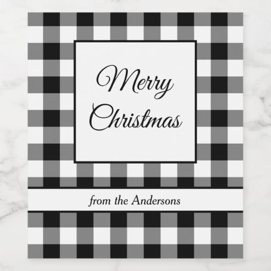 Rustikales Schwarz und Weiß Plaid frohe Weihnachte Weinetikett (Einzelnes Label)
