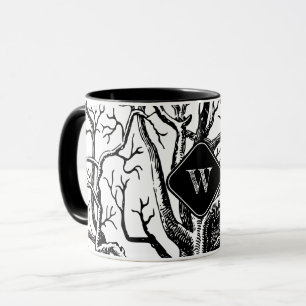 Rustikales Schwarz-Weiß-Abstraktes Baumzweig-Monog Tasse