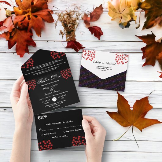 Rustikales Schwarz-Weiß-Blätter Hochzeit im Herbst All In One Einladung