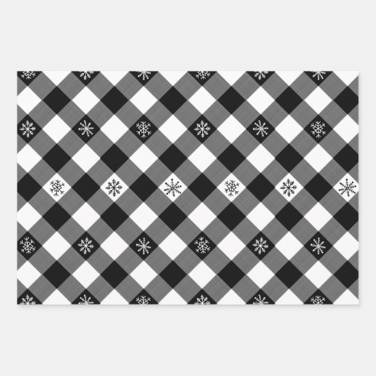 Rustikales Schwarz-weiß Buffalo Kariert Snowflake Geschenkpapier Set (Vorderseite)