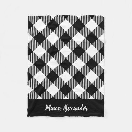 Rustikales Schwarz-Weiß-Buffalo-Karo Monogramm Fleecedecke (Vorderseite)