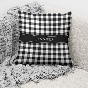 Rustikales Schwarz-Weiß-Gingham-Muster Name Kissen