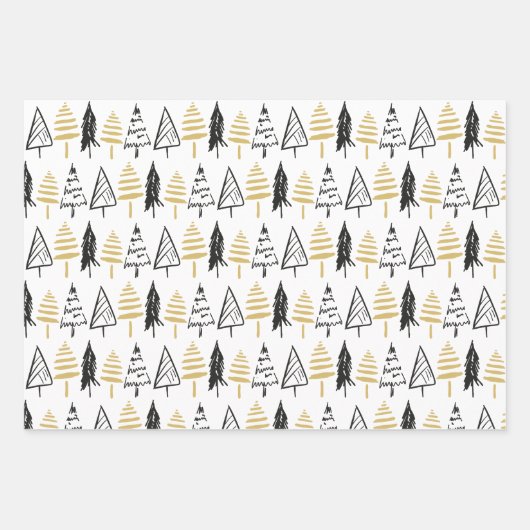 Rustikales Schwarz-weiß & Gold Evergreen Weihnacht Geschenkpapier Set (Vorderseite)