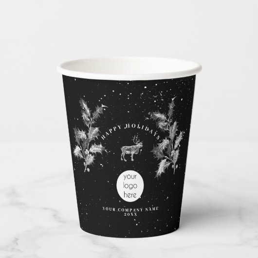 Rustikales Schwarz-weiß Holiday Business Logo Weih Pappbecher (Rückseite)