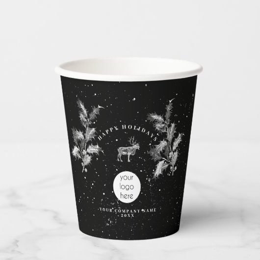 Rustikales Schwarz-weiß Holiday Business Logo Weih Pappbecher (Vorderseite)