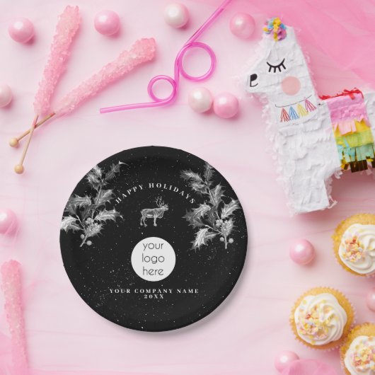 Rustikales Schwarz-weiß Holiday Business Logo Weih Pappteller (Party)