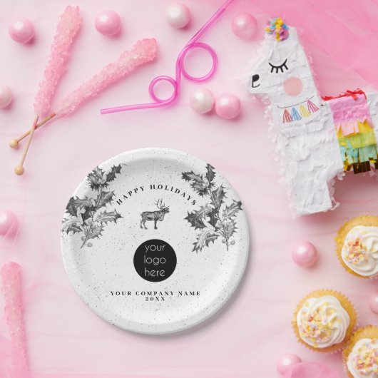 Rustikales Schwarz-weiß Holiday Business Logo Weih Pappteller (Party)