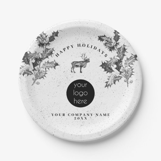 Rustikales Schwarz-weiß Holiday Business Logo Weih Pappteller (Vorderseite)