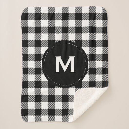 Rustikales Schwarz-Weiß-Kariertes Muster Monogramm Sherpadecke (Vorderseite)