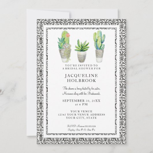 Rustikales Schwarz-Weiß-Wüste-Kaktus-Thema Einladung (Vorderseite)
