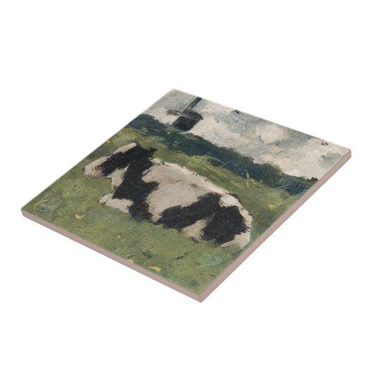 Rustikales Schwarz + Weiße Kuh und Windmühle Vinta Fliese (Seite)