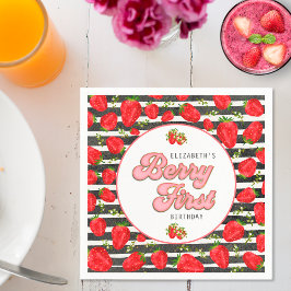 Rustikales Schwarz-weißes Gold Rote Erdbeere Berry Serviette