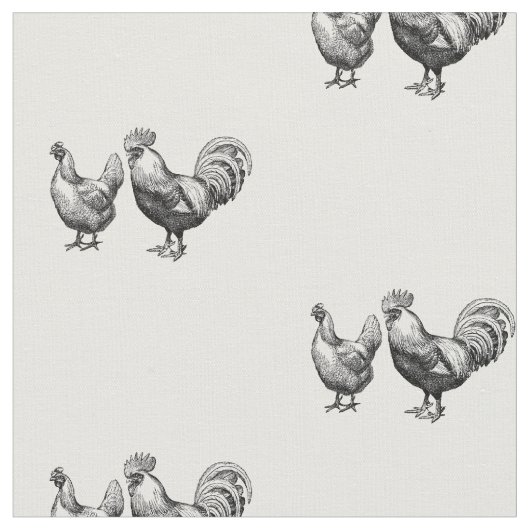 Rustikales Schwarz-weißes Rooster und Hen-Muster Stoff (Nahaufnahme)
