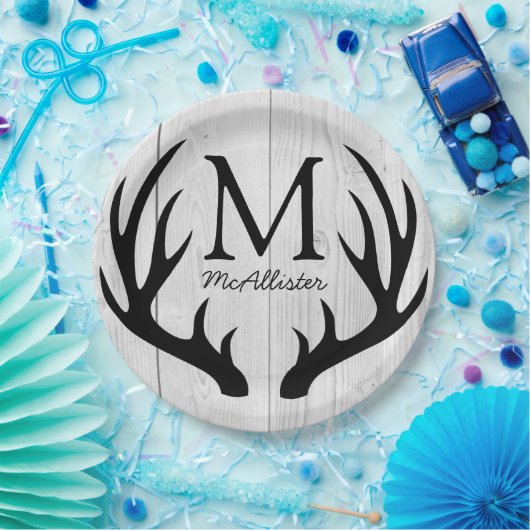 Rustikales Schwarzer Hirsch Antler Weißer Barnholz Pappteller (Party)