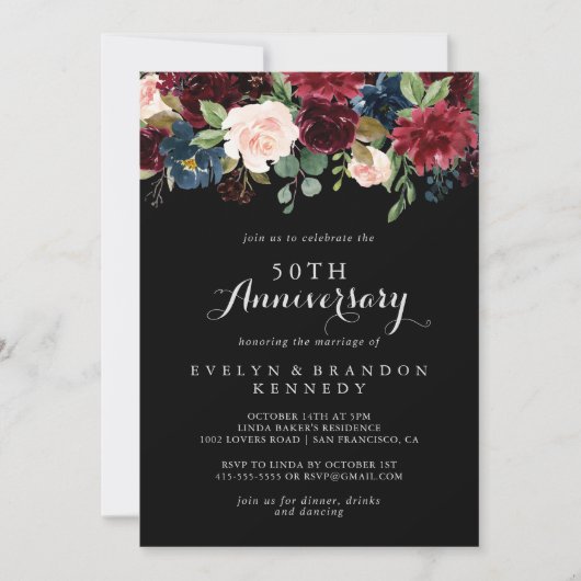 Rustikales Schwarzes Botanisches 50. Hochzeitstag Einladung (Vorderseite)