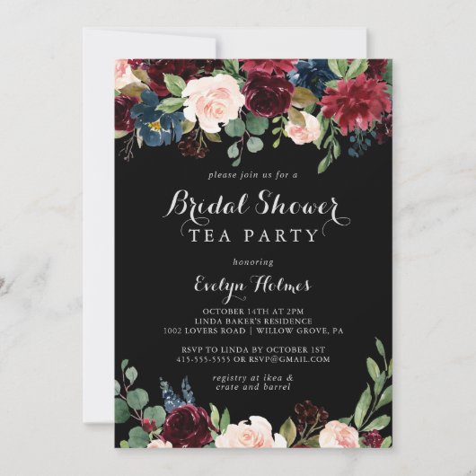 Rustikales Schwarzes Botanisches Brautparty Tee Pa Einladung (Vorderseite)