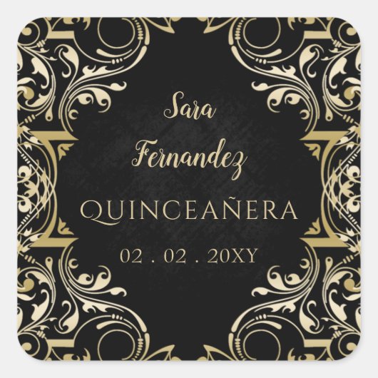 Rustikales Schwarzes Gold Elegante Quinceanera Quadratischer Aufkleber (Vorderseite)
