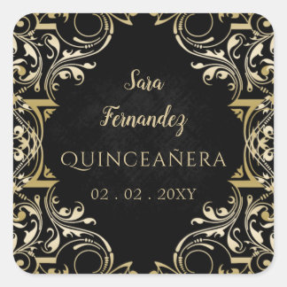 Rustikales Schwarzes Gold Elegante Quinceanera Quadratischer Aufkleber