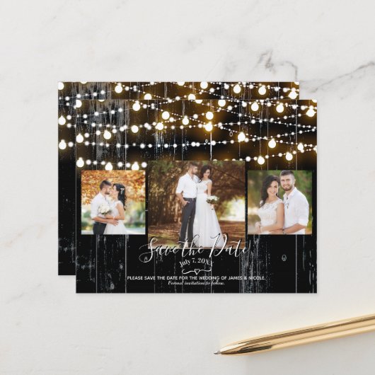 Rustikales schwarzes Holz & Lichter Foto Save-the- (Vorderseite/Rückseite Beispiel)