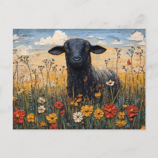 Rustikales Schwarzes Lamm mit Wildblumen Art Postkarte (Vorderseite)