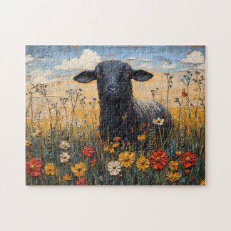 Rustikales Schwarzes Lamm mit Wildblumen Art Puzzle