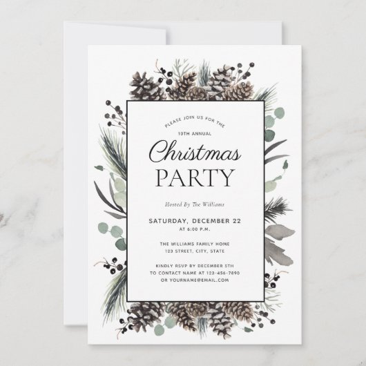 Rustikales Schwarzes Winter Pinecone Weihnachtsfes Einladung (Vorderseite)