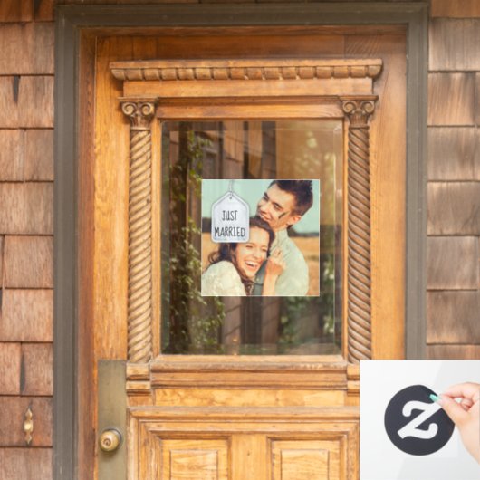 Rustikales Scrapbook Just Married Foto Wedding Squ Fensteraufkleber (Haustür)