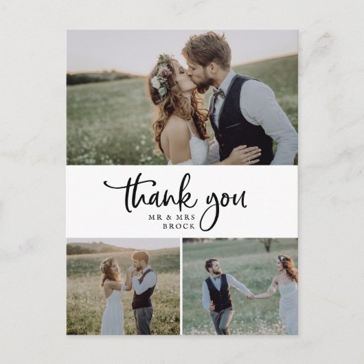 Rustikales Script 3 Foto Collage Wedding Vielen Da Postkarte (Vorderseite)