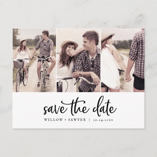 Rustikales Script 3 Foto Save the Date Einladungspostkarte (Vorderseite)