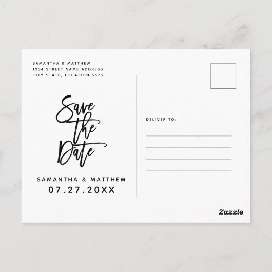 Rustikales Script Couple Foto Beach Save the Date Postkarte (Rückseite)