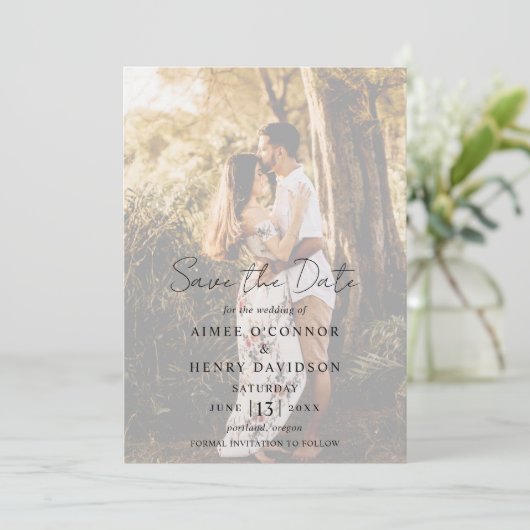Rustikales Script-Foto Moderne Hochzeit Save The Date (Stehend Vorderseite)