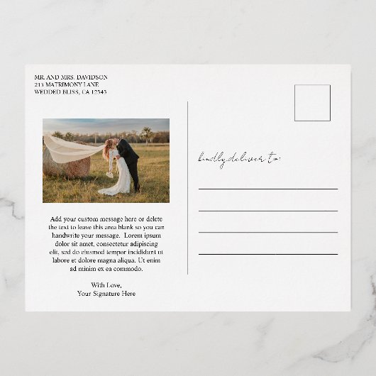 Rustikales Script-Foto Moderne Hochzeit Vielen Dan Folie Einladungspostkarte (Rückseite)