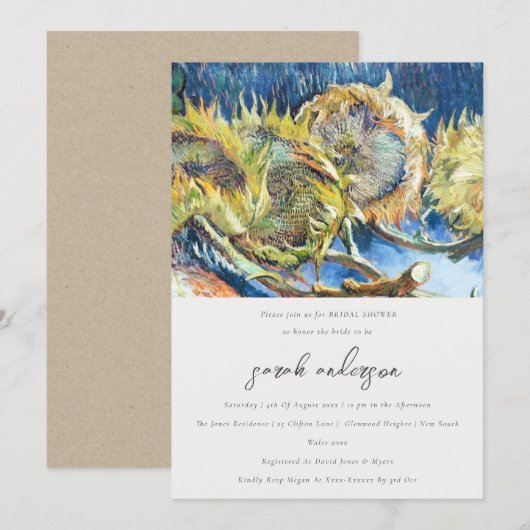 Rustikales Script-Gelb-Sonnenblumen-Brautparty Einladung (Vorne/Hinten)