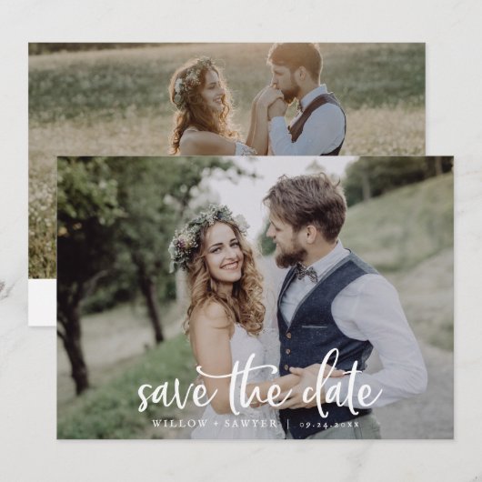 Rustikales Script Horizontal Dunkles Foto Save the Date (Vorne/Hinten)