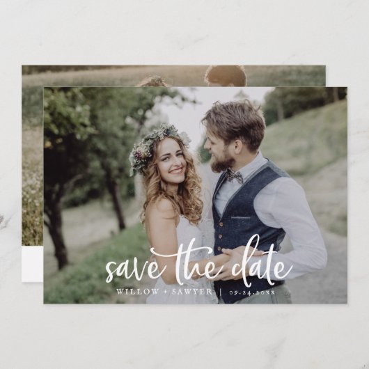 Rustikales Script Horizontal Dunkles Foto Save the Save The Date (Vorne/Hinten)