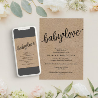 Rustikales Script Kraft Baby Liebe Dusche Einladung
