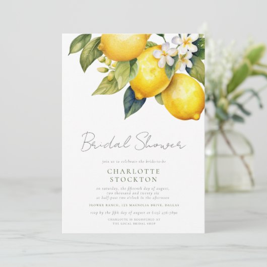Rustikales Script Mediterranes Lemon Brautparty Einladung (Stehend Vorderseite)
