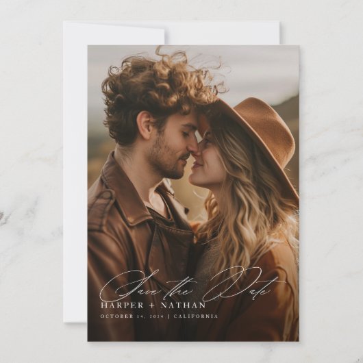 Rustikales Script Qr Code Foto Hochzeit Save The Date (Vorderseite)