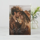 Rustikales Script Qr Code Foto Hochzeit Save The Date (Stehend Vorderseite)