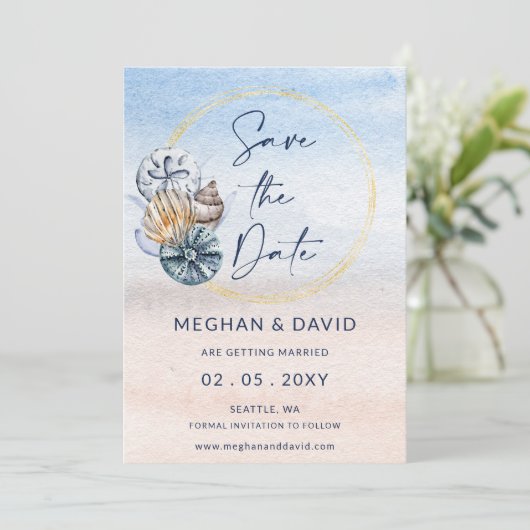 Rustikales Seashells Ocean Summer Beach Foto Save The Date (Stehend Vorderseite)