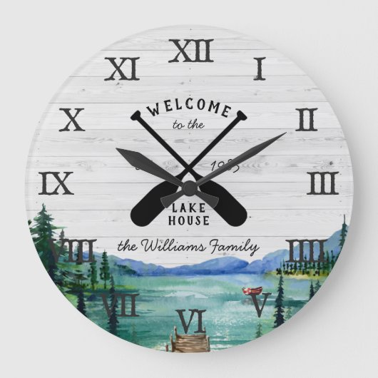 Rustikales Seehaus | Familienname Große Wanduhr (Vorderseite)