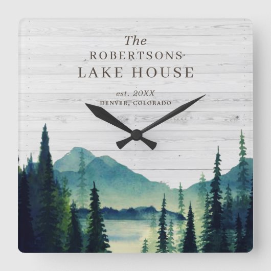 Rustikales Seehaus | Familienname Quadratische Wanduhr (Vorderseite)