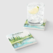 Rustikales Seehaus Ihr Name Lage Personalisiert Steinuntersetzer (Seitenansicht)