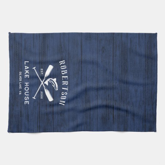 Rustikales Seehaus Name Navy Blue Wood Geschirrtuch (Horizontal)