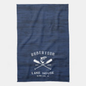 Rustikales Seehaus Name Navy Blue Wood Geschirrtuch (Vertikal)