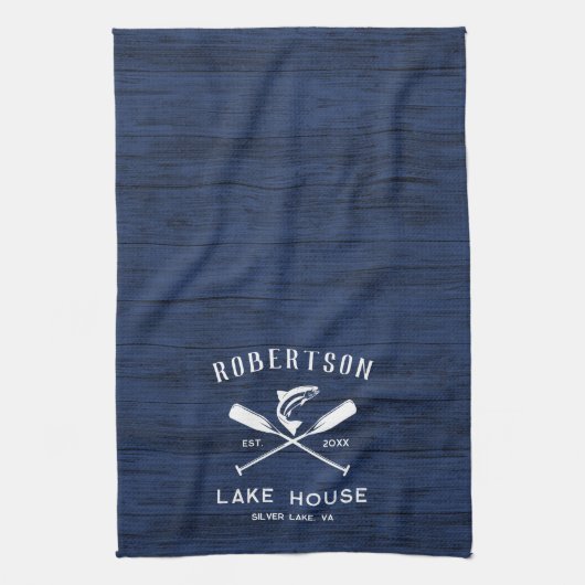 Rustikales Seehaus Name Navy Blue Wood Geschirrtuch (Vertikal)