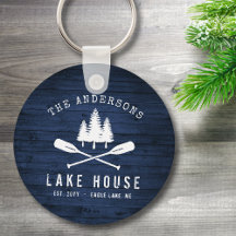 Rustikales Seehaus Oars Trees Blue Wood Print Roun