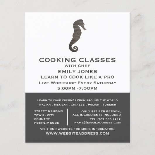 Rustikales Seepferd, Meeresfrüchte, Kochkurse Flyer (Vorne)